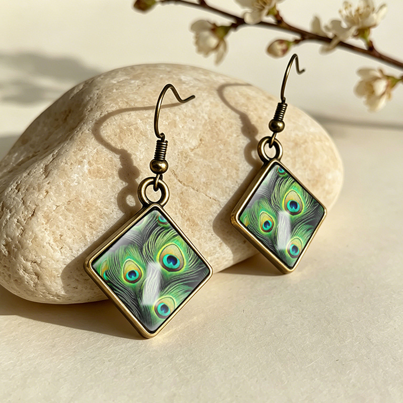 Women's Green Peacock Feather Rhombus Dangle Earrings